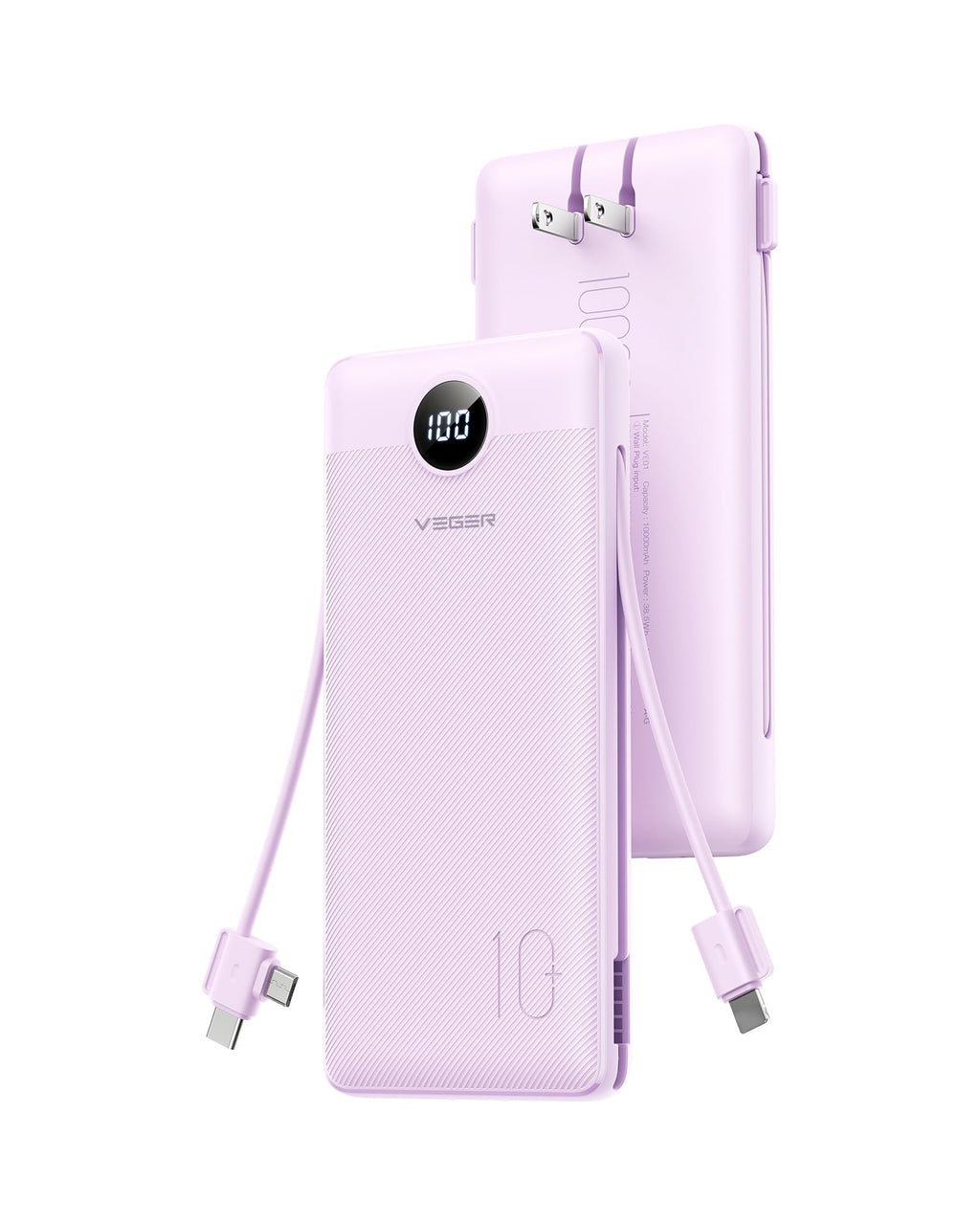 VEGER Portable Charger, 10000mAh Power Bank Built in Wall Plug and Cables