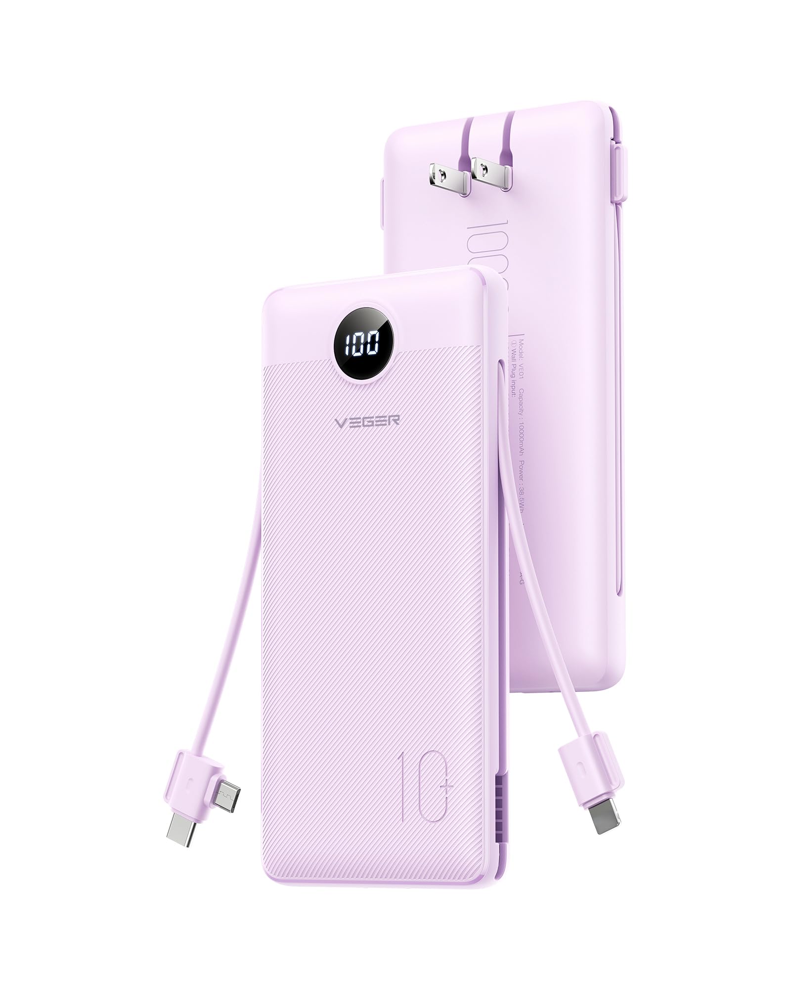 VEGER Portable Charger, 10000mAh Power Bank Built in Wall Plug and Cables