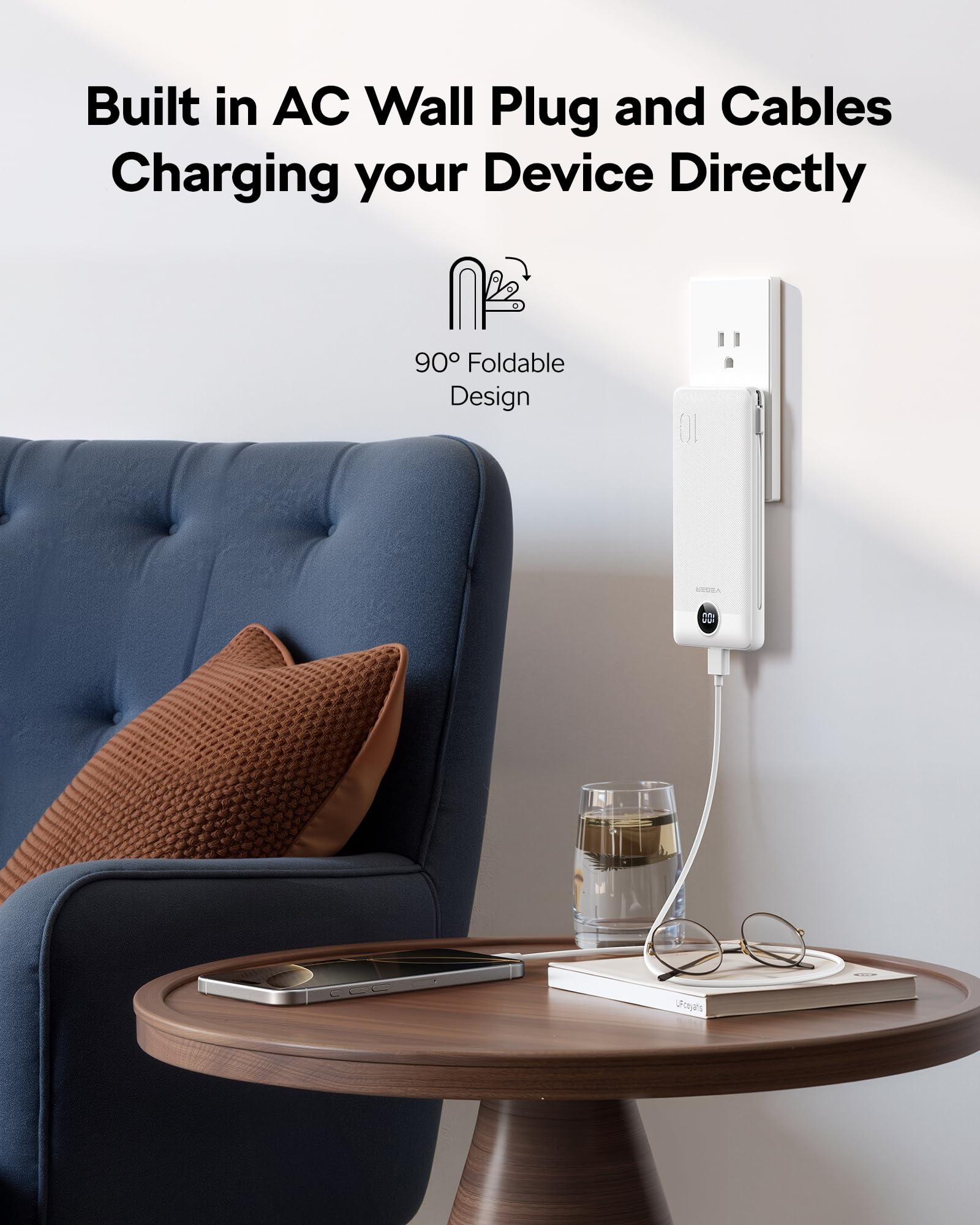 VEGER Portable Charger, 10000mAh Power Bank Built in Wall Plug and Cables
