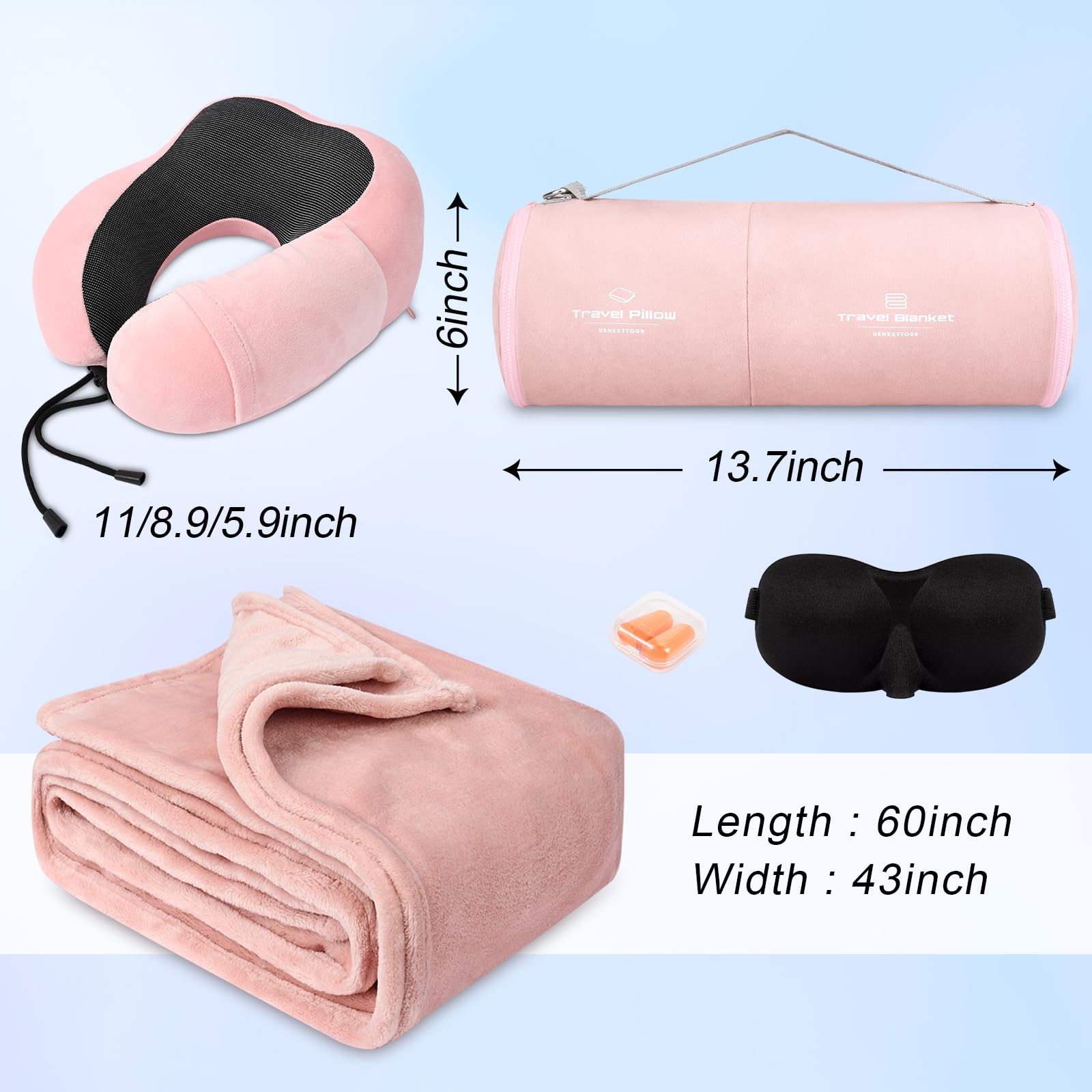 urnexttour Travel Pillow and Blanket Set Neck Pillow Airplane Foam Pink
