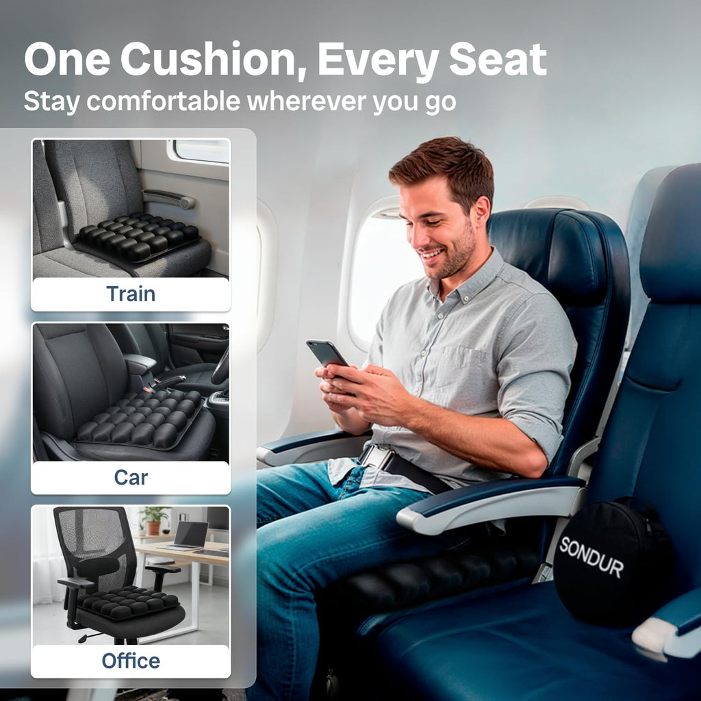 Sondur™ Travel Cushion for Long Flights – Inflatable Airplane Seat Cushion