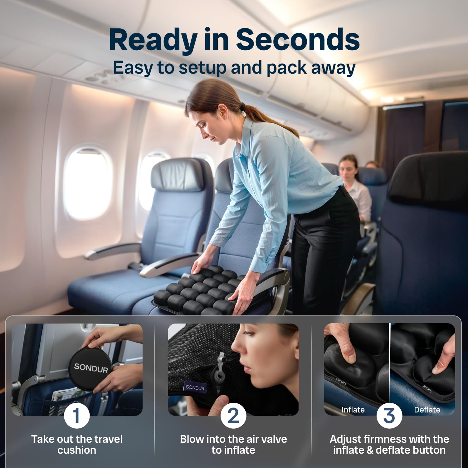 Sondur™ Travel Cushion for Long Flights – Inflatable Airplane Seat Cushion