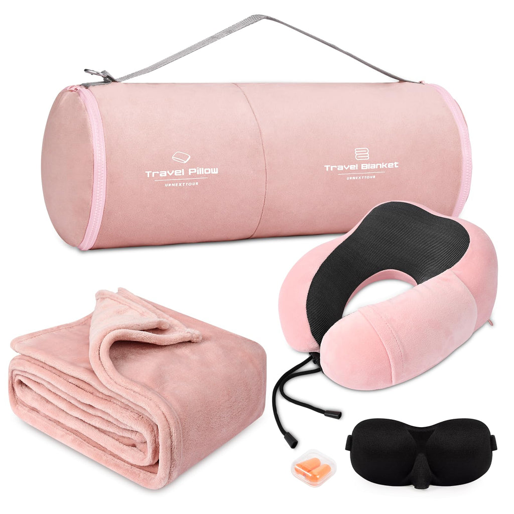 urnexttour Travel Pillow and Blanket Set Neck Pillow Airplane Foam Pink