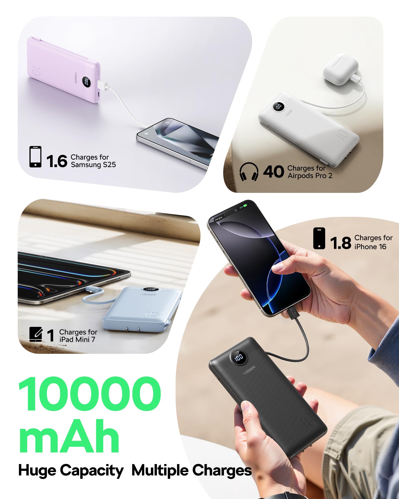 VEGER Portable Charger, 10000mAh Power Bank Built in Wall Plug and Cables