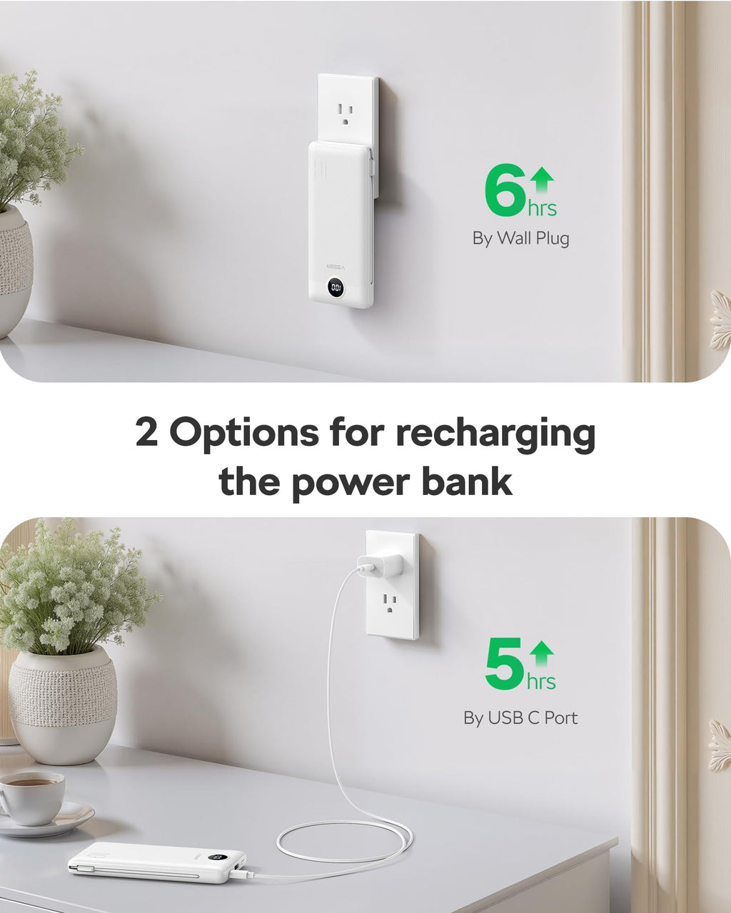VEGER Portable Charger, 10000mAh Power Bank Built in Wall Plug and Cables