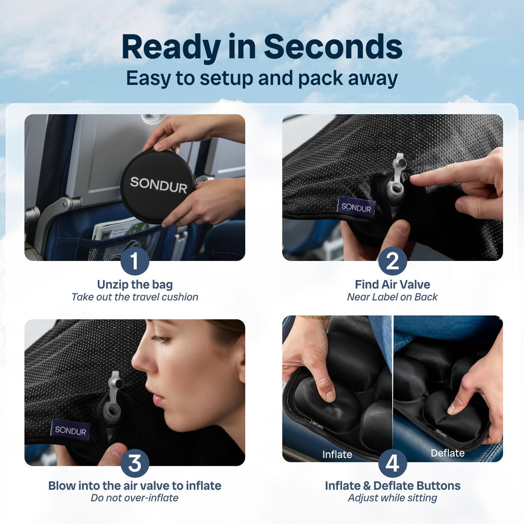 Sondur™ Travel Cushion for Long Flights – Inflatable Airplane Seat Cushion