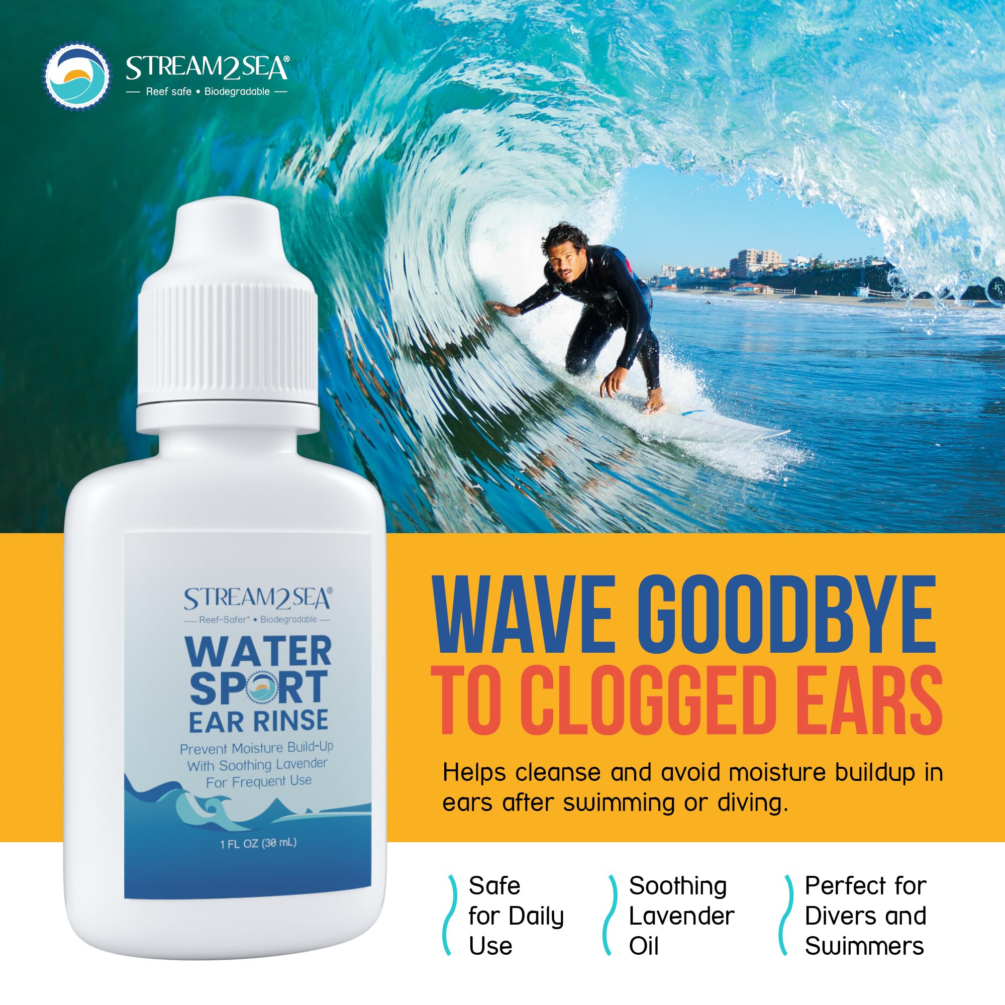 STREAM 2 SEA Ear Rinse Drops for Swimmers Biodegradable Natural, 1 Fl Oz