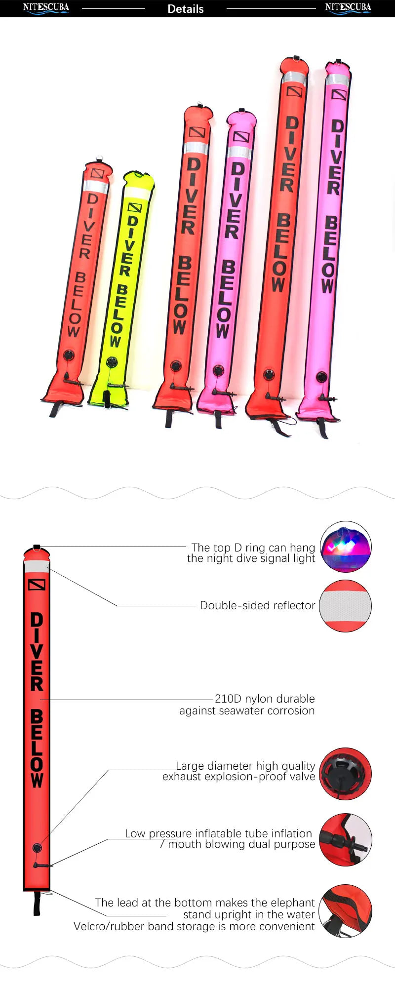 Bundle of five buoys. 1.2m/1.5m/1.8m Scuba Diving Colored Buoy - Safety Inflatable Float / SMB Storage Bag