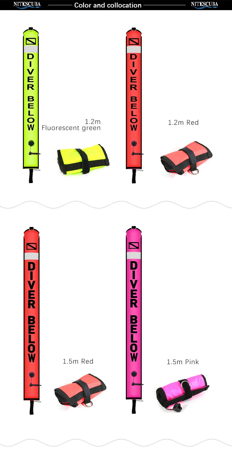 Bundle of five buoys. 1.2m/1.5m/1.8m Scuba Diving Colored Buoy - Safety Inflatable Float / SMB Storage Bag