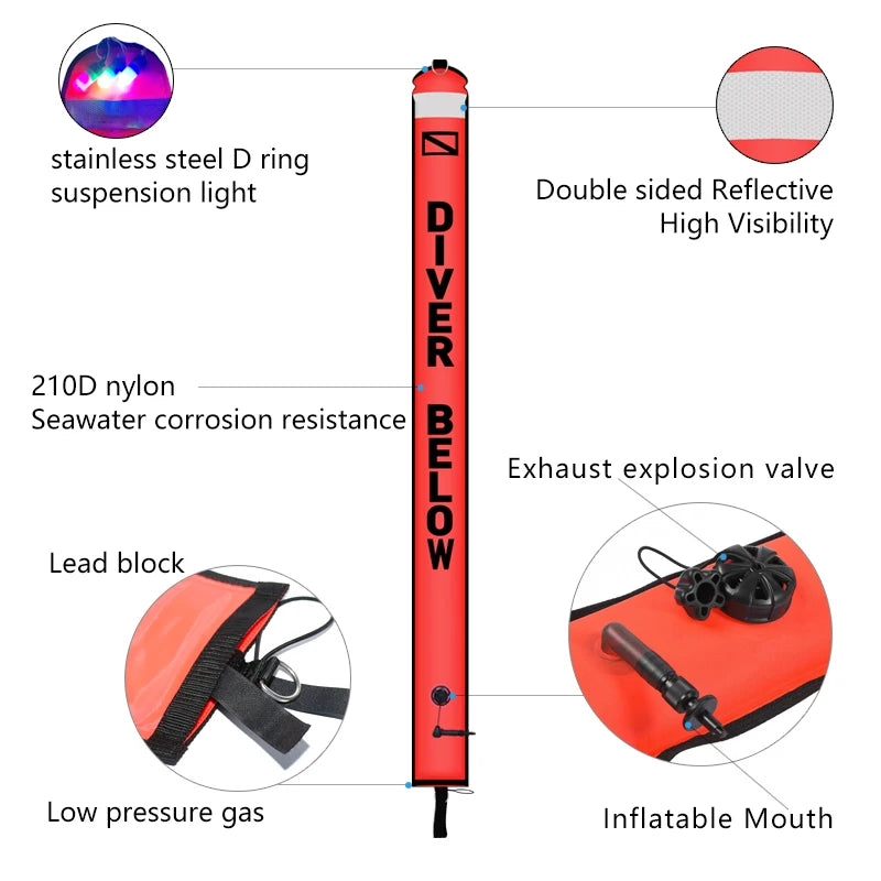 Bundle of five buoys. 1.2m/1.5m/1.8m Scuba Diving Colored Buoy - Safety Inflatable Float / SMB Storage Bag