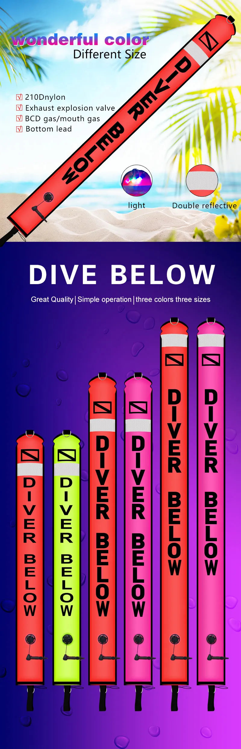 Bundle of five buoys. 1.2m/1.5m/1.8m Scuba Diving Colored Buoy - Safety Inflatable Float / SMB Storage Bag