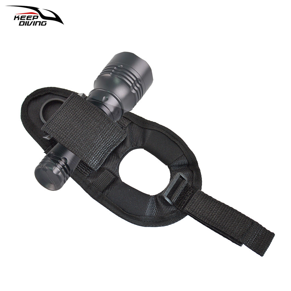 Black silicone scuba gloves with LED flashlight wrist mount strap for hands-free underwater diving illumination