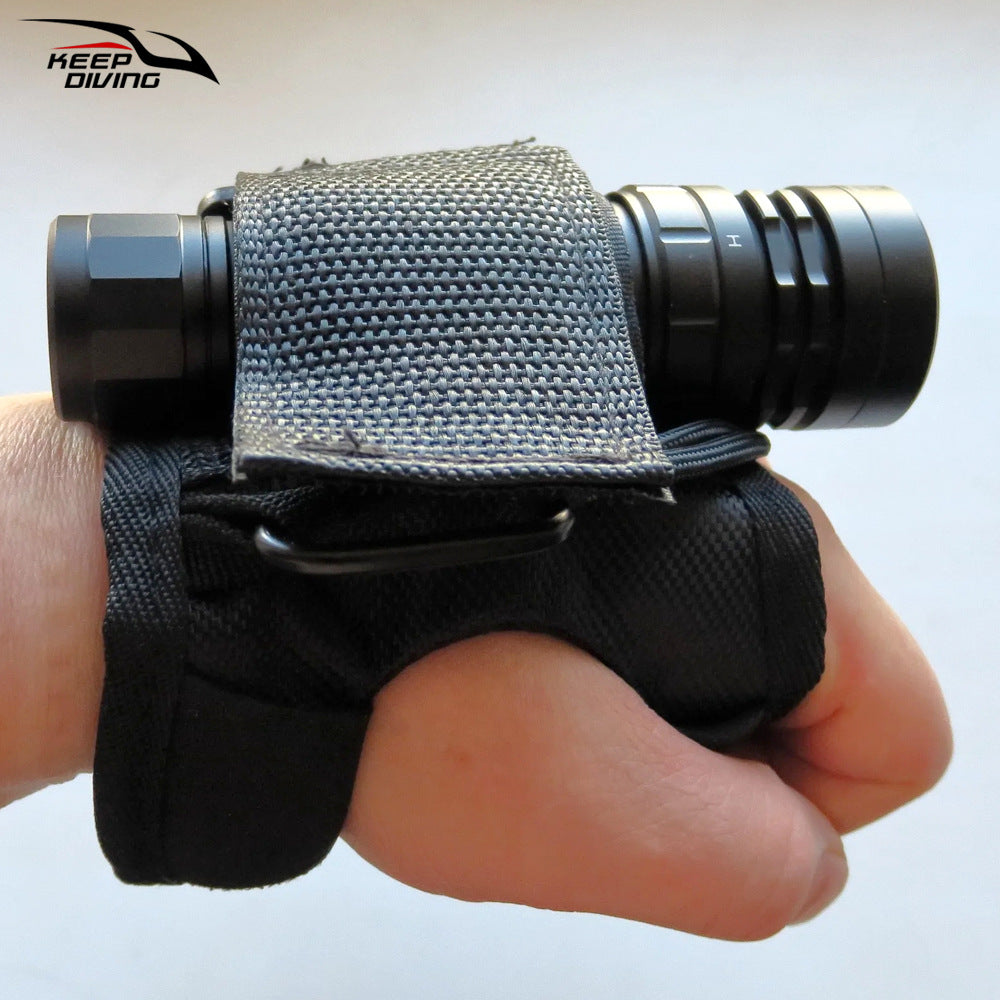 Scuba gloves with LED flashlight holder wrist arm mount strap for hands-free underwater illumination