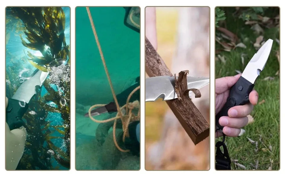 Professional Diving Knife for Spearfishing, Full Tang Stainless Steel Dive Tool with Rope Cutter