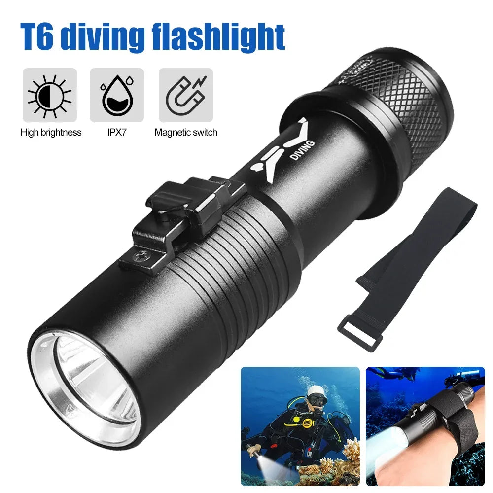 Professional LED diving flashlight underwater torch with hand rope, waterproof and strong light