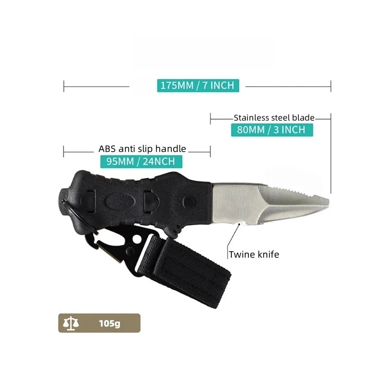 Professional Diving Knife for Spearfishing, Full Tang Stainless Steel Dive Tool with Rope Cutter