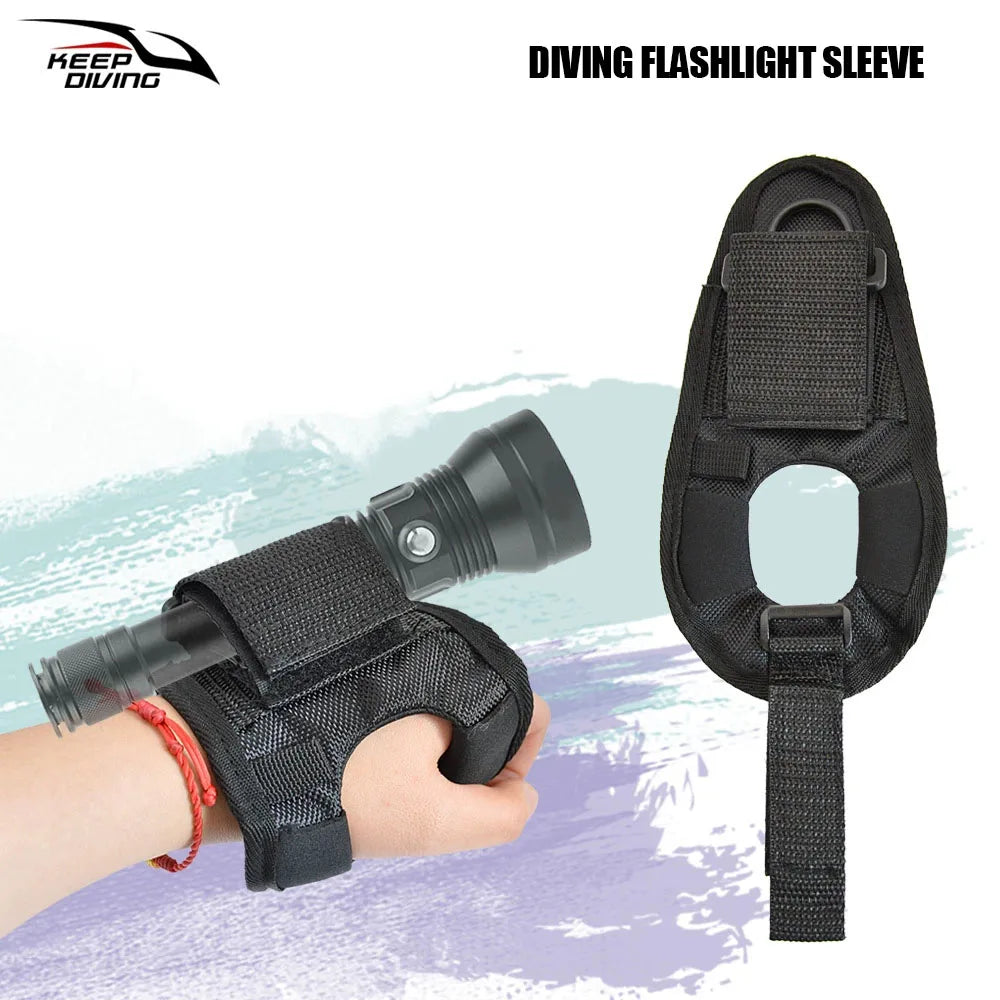 Scuba gloves with LED flashlight wrist strap for underwater diving and hands-free illumination