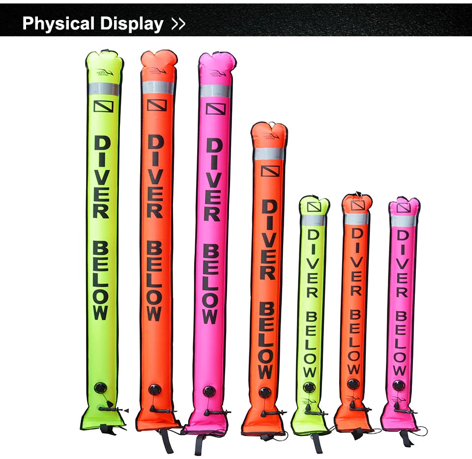 Scuba diving surface marker buoy in orange and yellow for safety signaling during technical and recreational diving