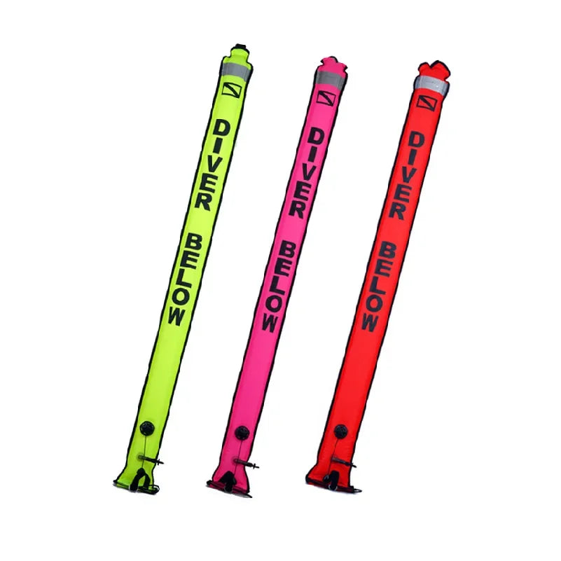 Colorful inflatable Diving SMB buoy in orange and fluorescent yellow for scuba diving safety and visibility.