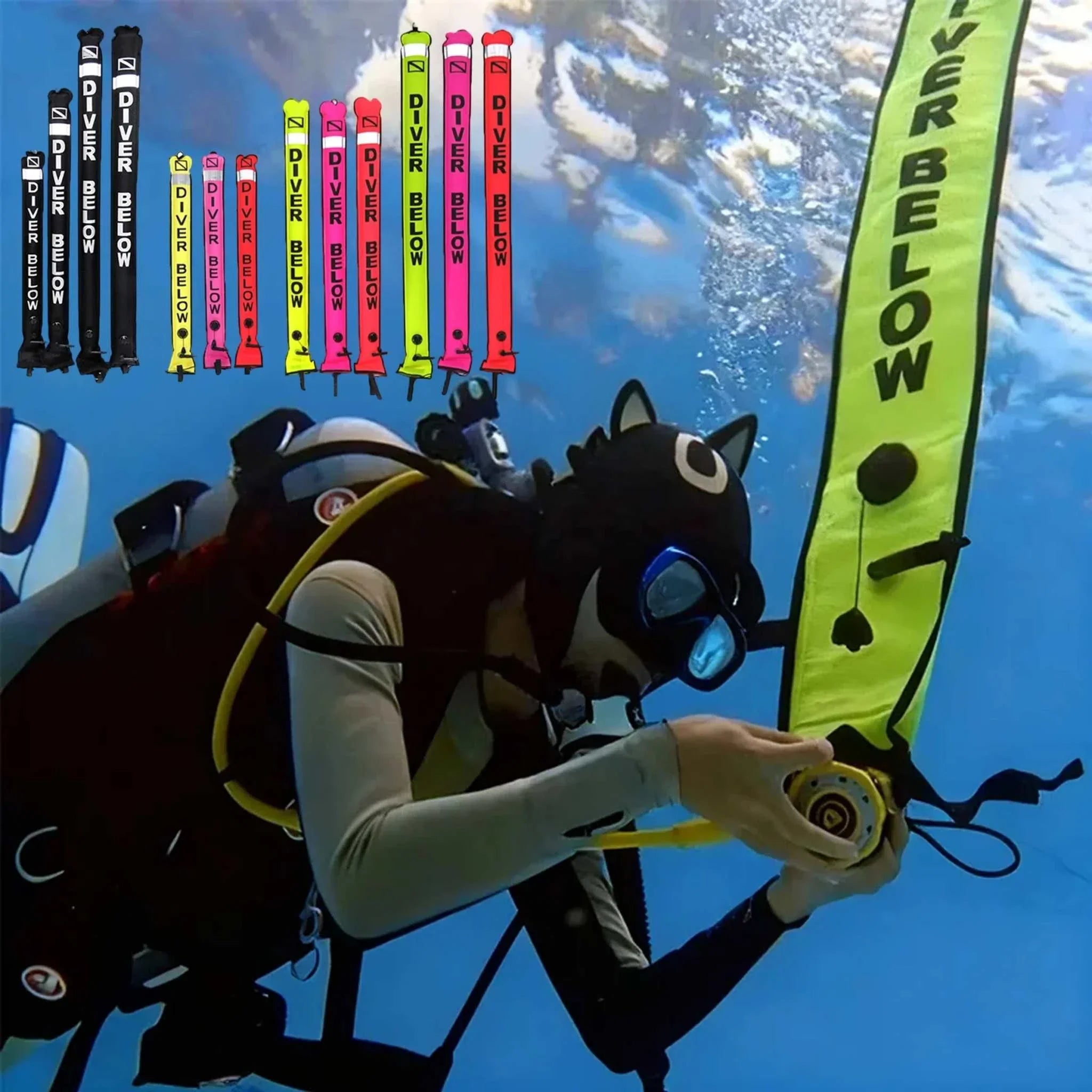 Professional scuba diving inflatable safety sausage buoy in fluorescent colors with reflective stripes and durable nylon material