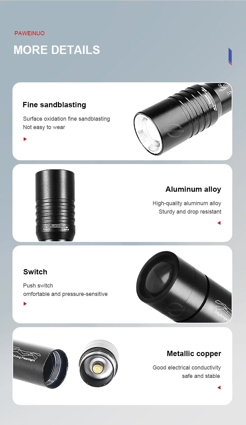 High Power Mini Diving Flashlight 100M Professional Scuba Dive Torch IPX8 Rechargeable Portable Lantern for Spearfishing Camping