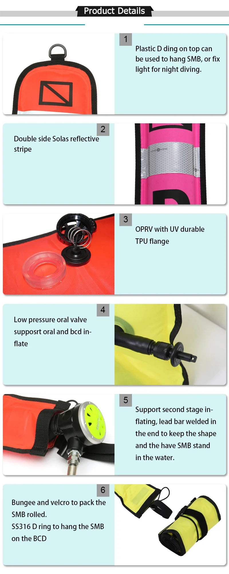 Colorful inflatable Diving SMB buoy in fluorescent orange and yellow for scuba diving safety and visibility in 1.2m, 1.5m, and 1.8m sizes