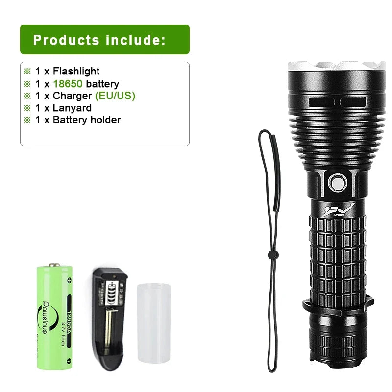 10000LM Professional Diving Flashlight Scuba LED Dive Light 26650 Hunting Dive Torch IPX8 Waterproof Underwater Lantern