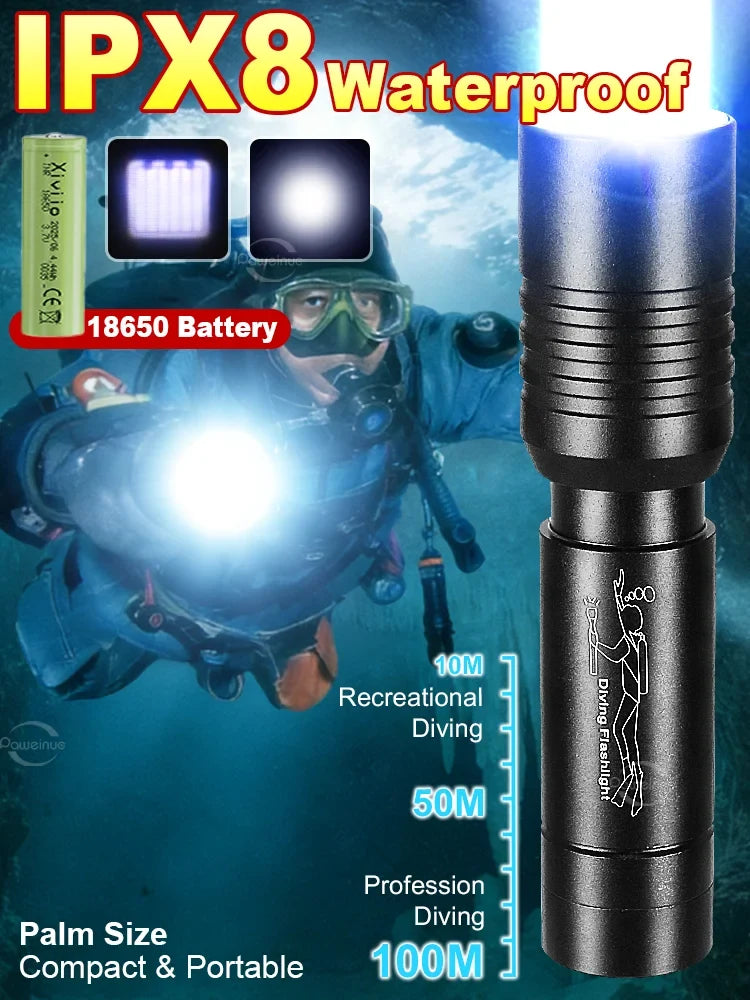 High Power Mini Diving Flashlight 100M Professional Scuba Dive Torch IPX8 Rechargeable Portable Lantern for Spearfishing Camping