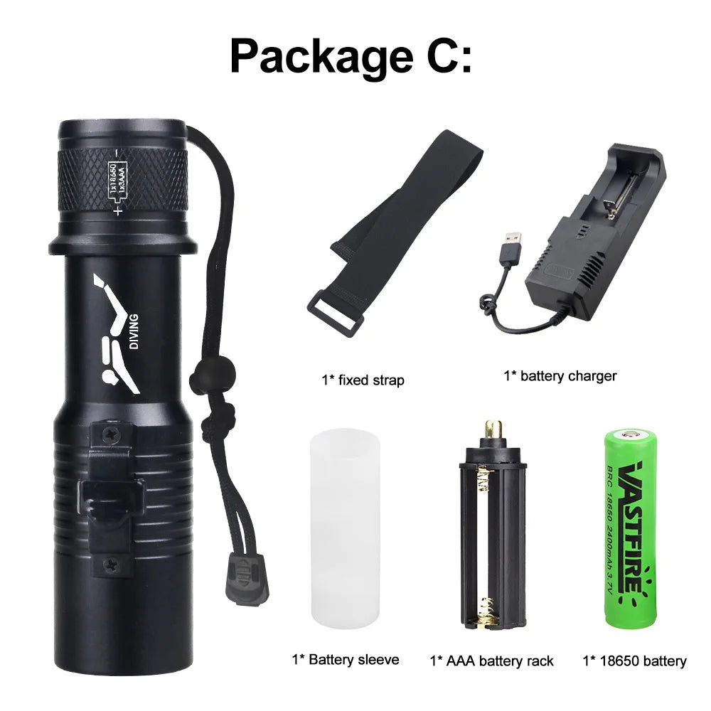 Professional LED Diving Flashlight Underwater Torch Strong Light Waterproof Scuba Dive Flashlight With Hand Rope