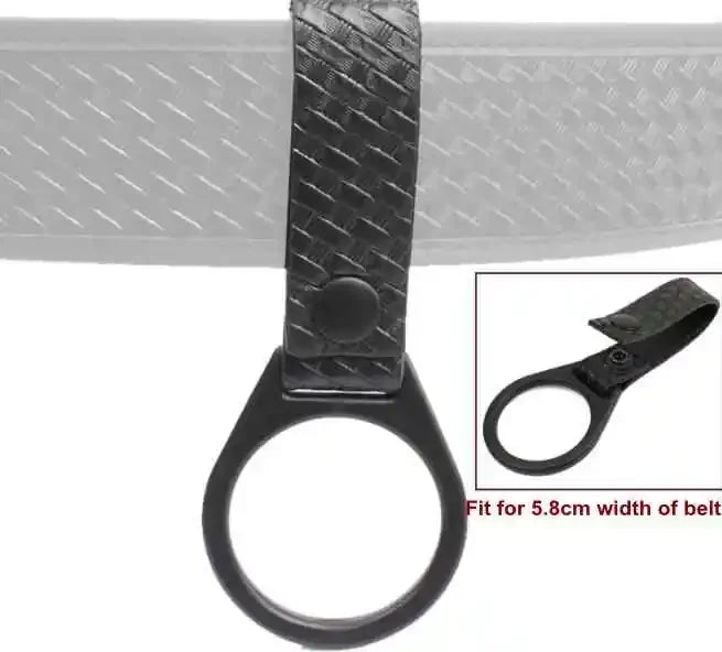 Black tactical flashlight holder pouch with nylon webbing and belt clip for outdoor use