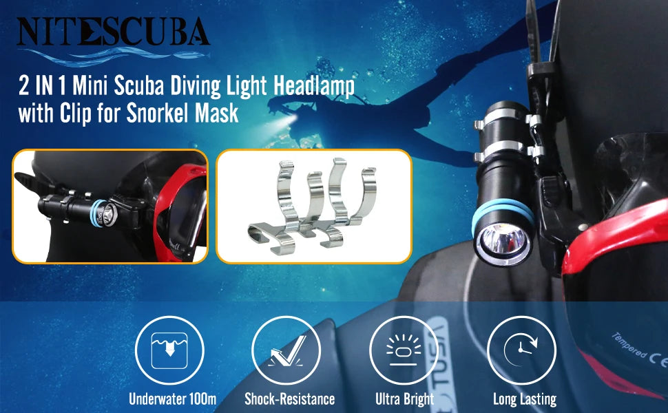 Nitescuba MS01 Mini  Diving Scuba Mask Flashlight Headlamp Underwater 100m Torch 500 Lumen Rotary Switch