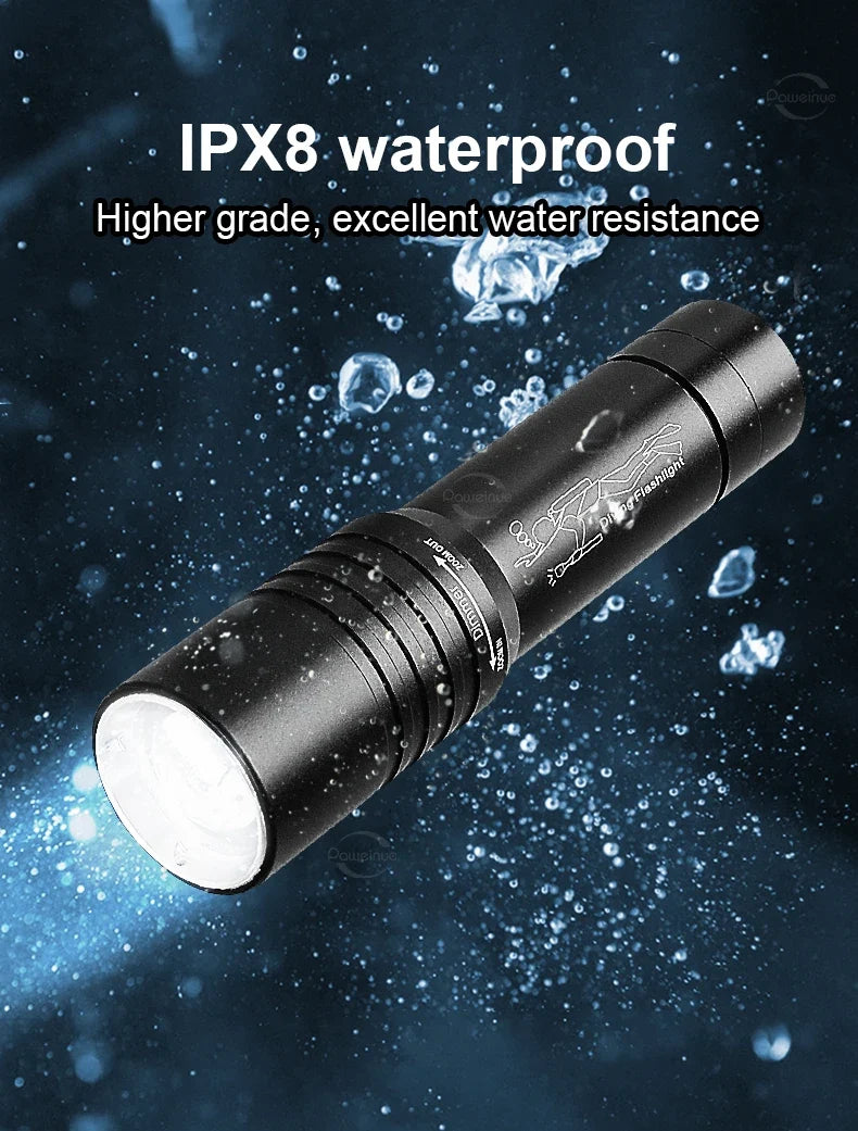 High Power Mini Diving Flashlight 100M Professional Scuba Dive Torch IPX8 Rechargeable Portable Lantern for Spearfishing Camping
