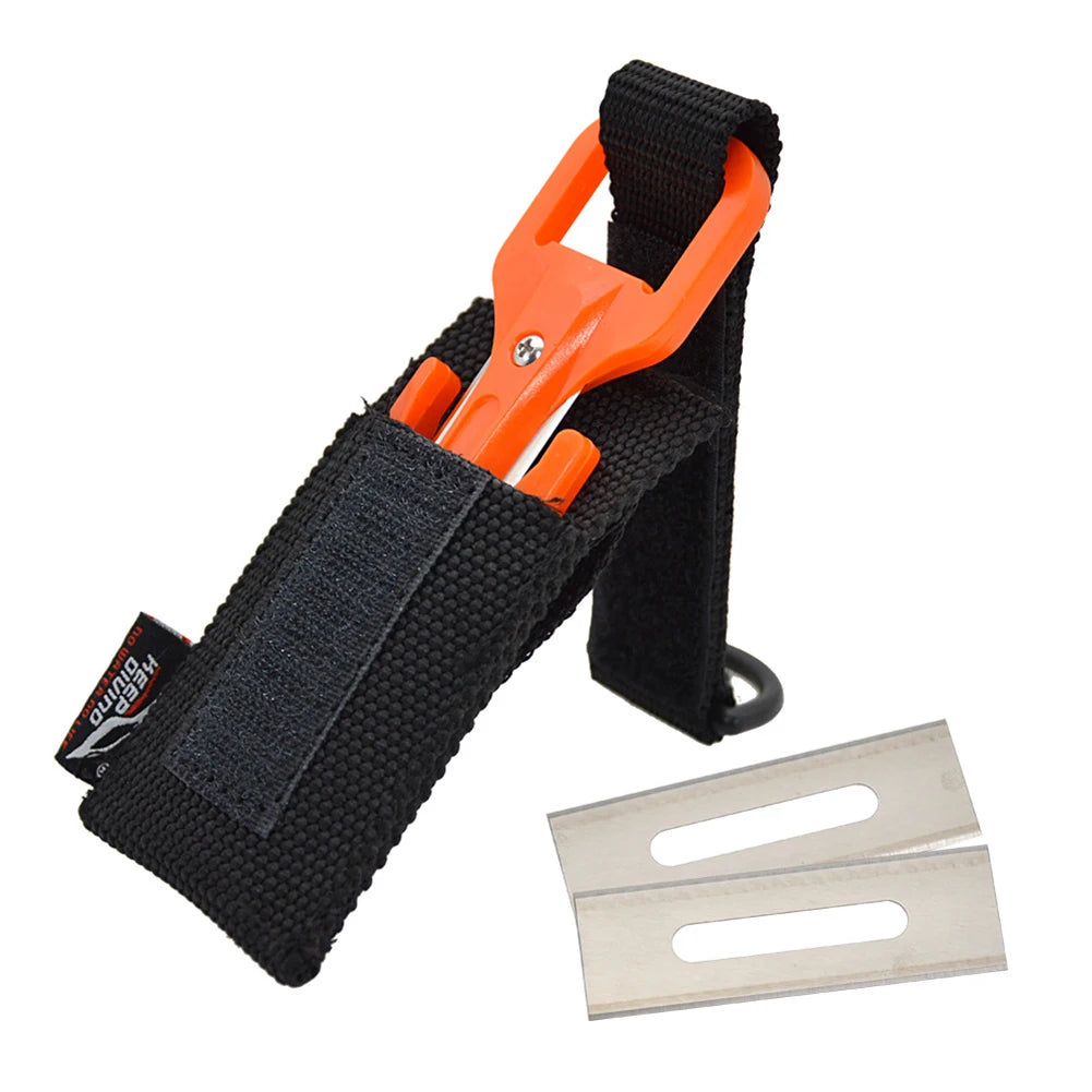 Scuba diving cutting knife with nylon handle and stainless steel blade for underwater safety and emergency use