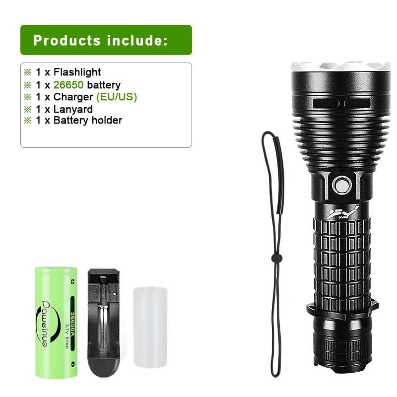 10000LM Professional Diving Flashlight Scuba LED Dive Light 26650 Hunting Dive Torch IPX8 Waterproof Underwater Lantern