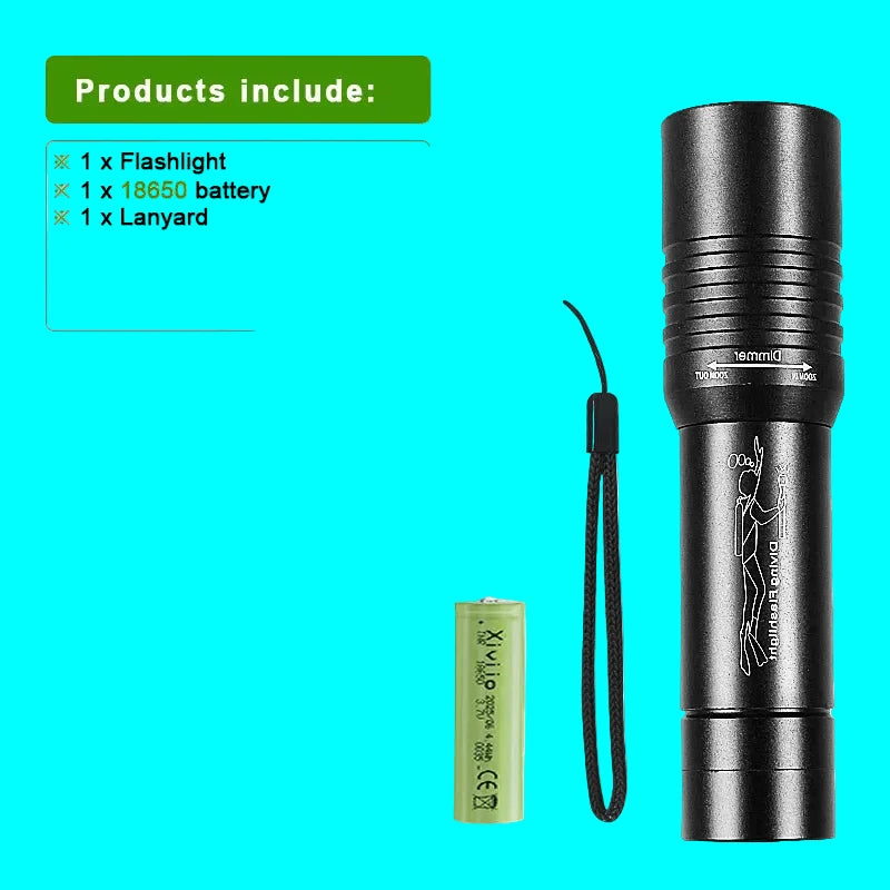 High Power Mini Diving Flashlight 100M Professional Scuba Dive Torch IPX8 Rechargeable Portable Lantern for Spearfishing Camping