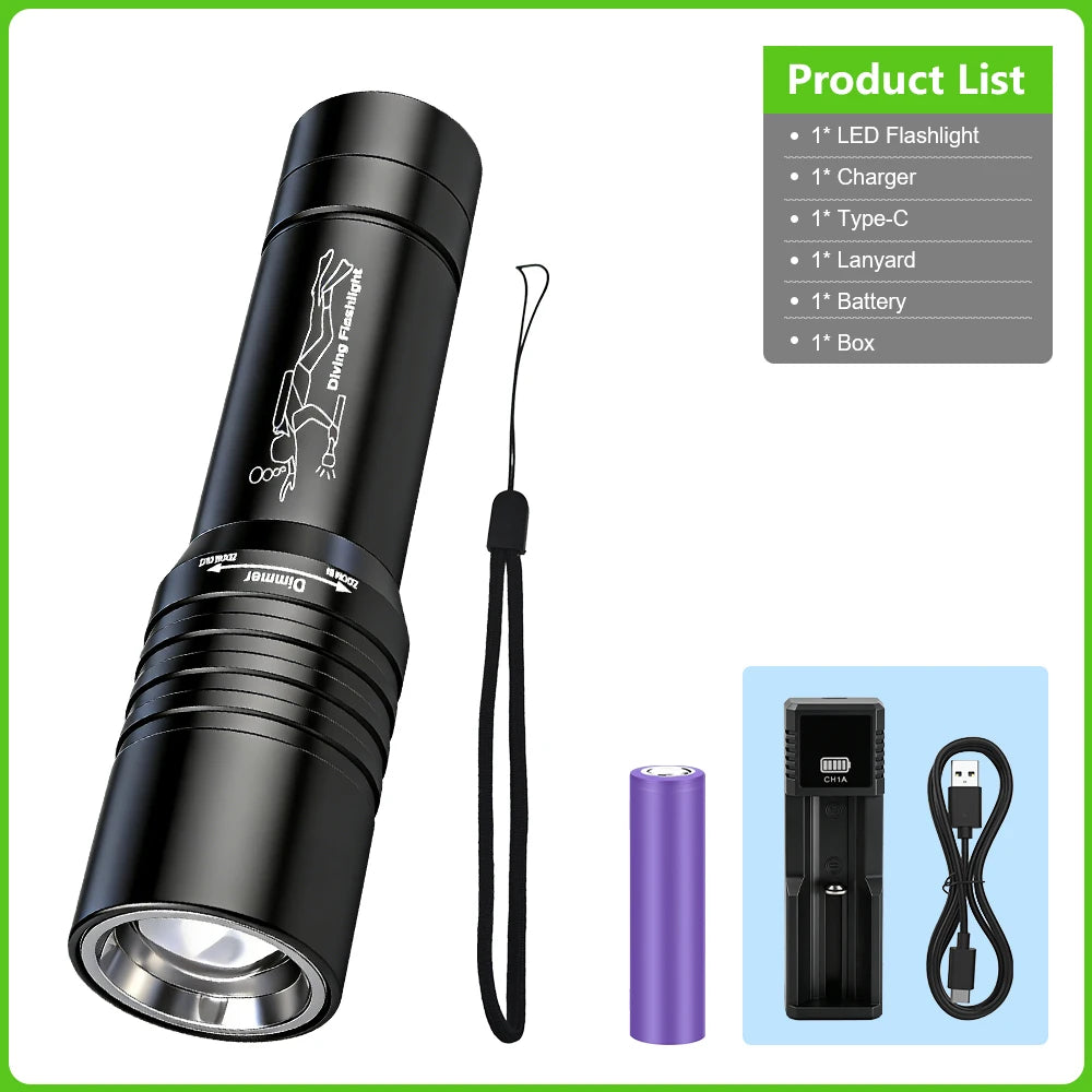 9500000000LM Powerful Diving Flashlight IPX8 Underwater Lamp Professional Scuba Diving Torch Type-c Rechargeable LED Dive Lights
