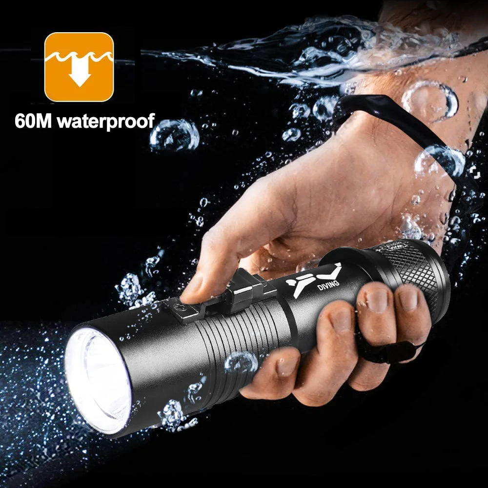 Professional LED Diving Flashlight Underwater Torch Strong Light Waterproof Scuba Dive Flashlight With Hand Rope
