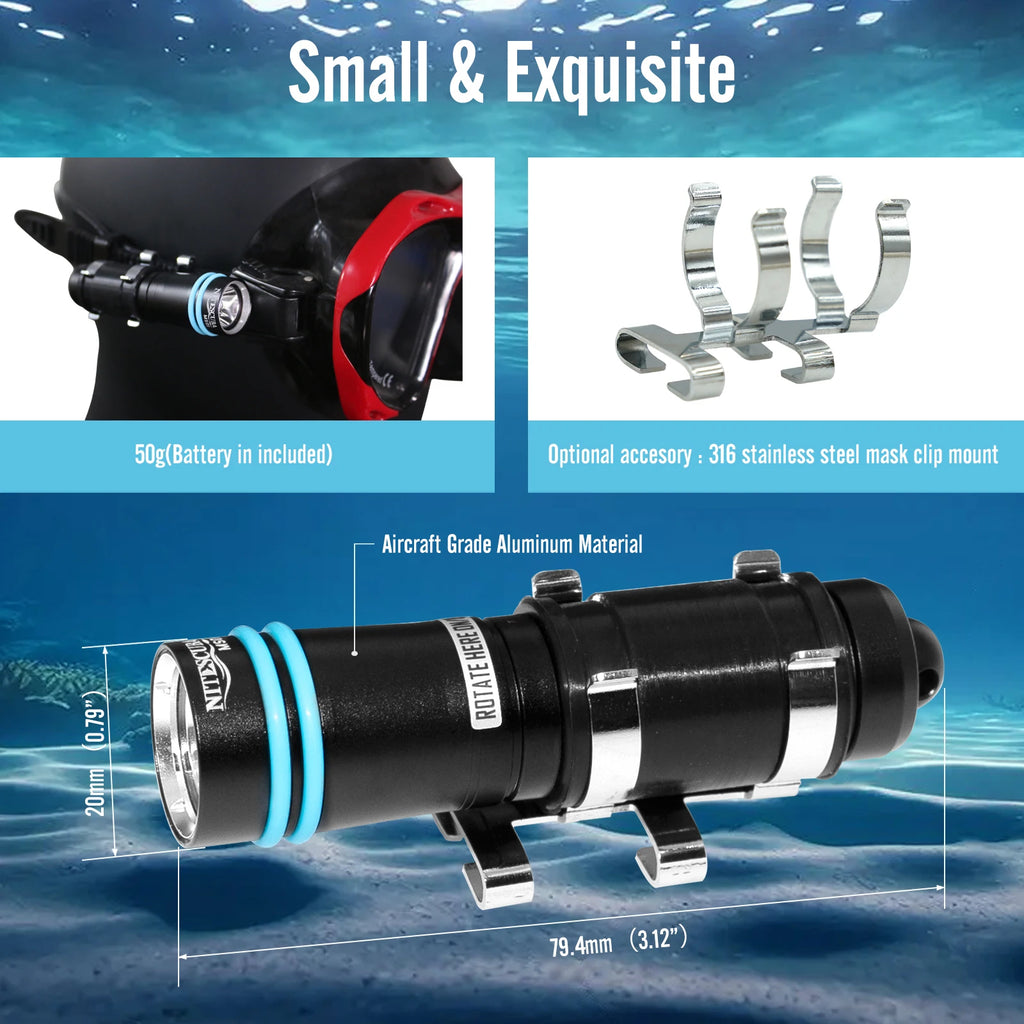 Nitescuba MS01 Mini  Diving Scuba Mask Flashlight Headlamp Underwater 100m Torch 500 Lumen Rotary Switch