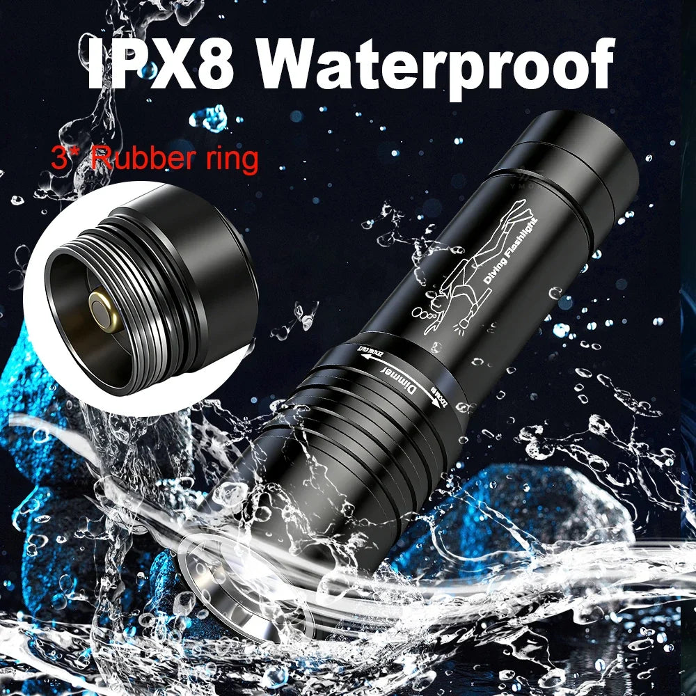 20000LM Scuba Diving Flashlight ZOOM Diving Light Underwater High Power Torch Light Waterproof for Video Shooting Fishing