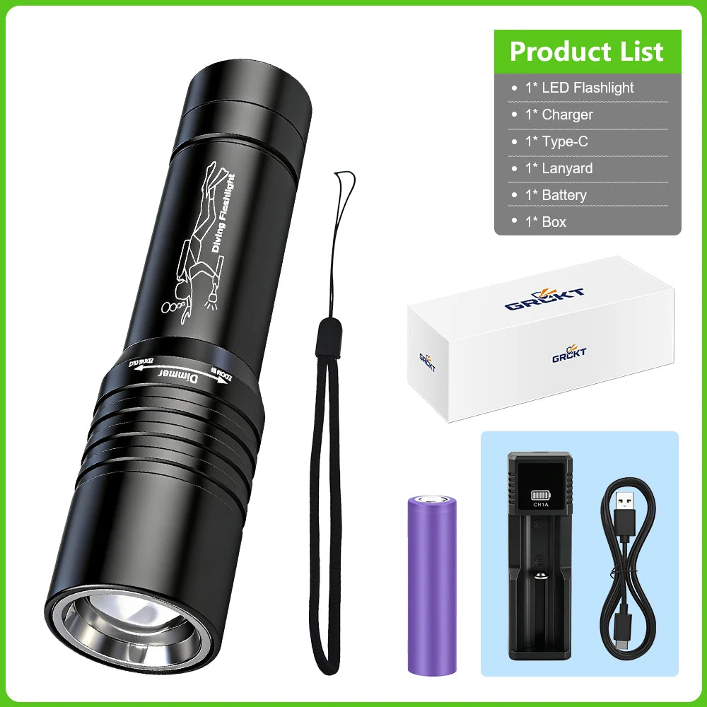9500000000LM Powerful Diving Flashlight IPX8 Underwater Lamp Professional Scuba Diving Torch Type-c Rechargeable LED Dive Lights