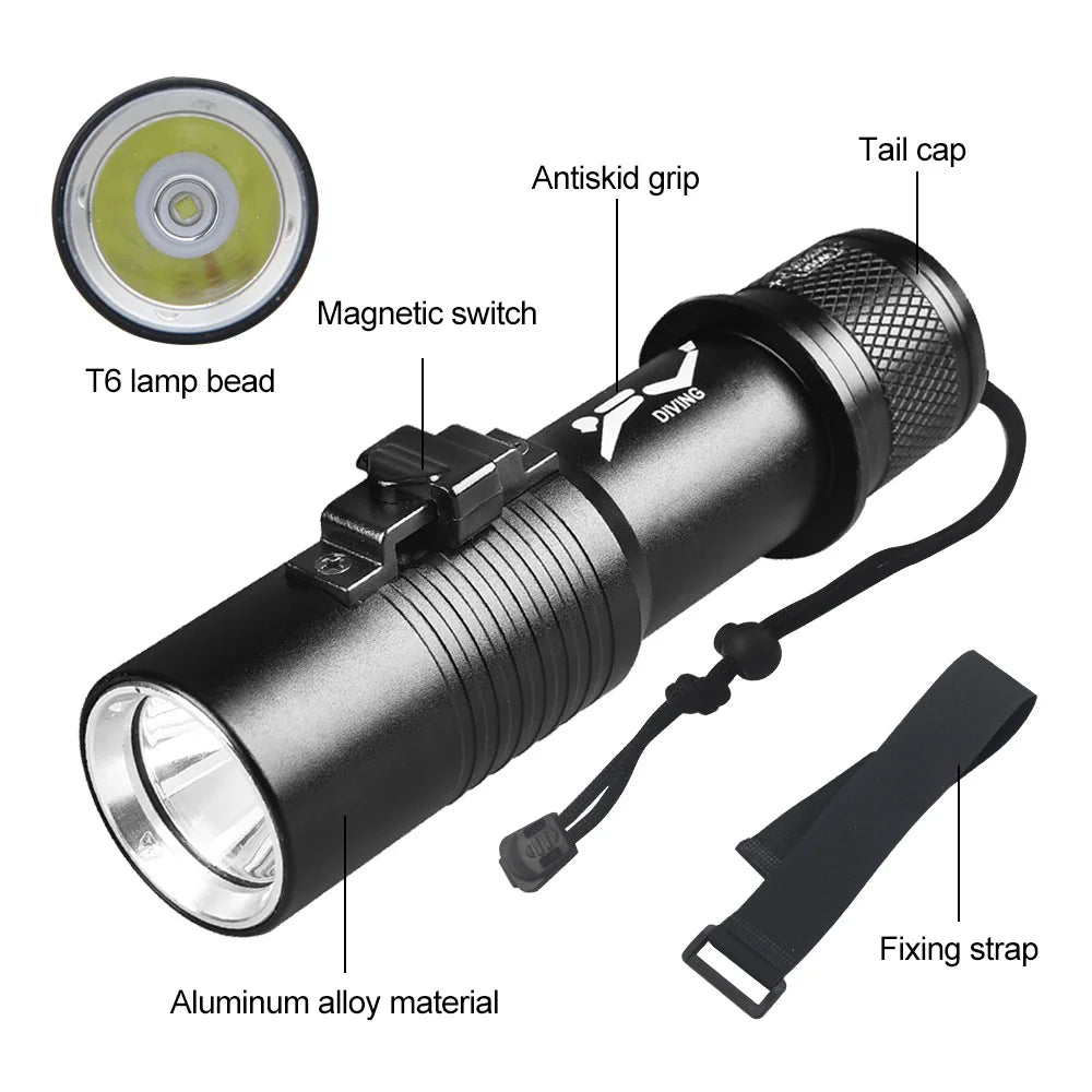 Professional LED Diving Flashlight Underwater Torch Strong Light Waterproof Scuba Dive Flashlight With Hand Rope