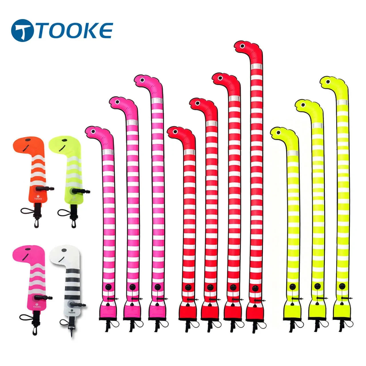 snake-shaped bicycle reflectors shown in multiple colors including pink, red, yellow, orange, and white, arranged in size groups on a white background. Dytto Industries. Goto dyttoindustries.com