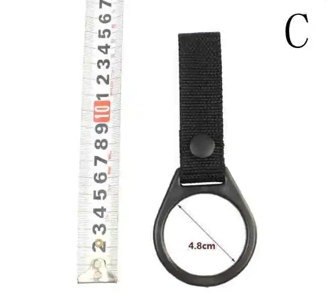 Black tactical flashlight holder pouch with nylon webbing and snap belt loop for outdoor use