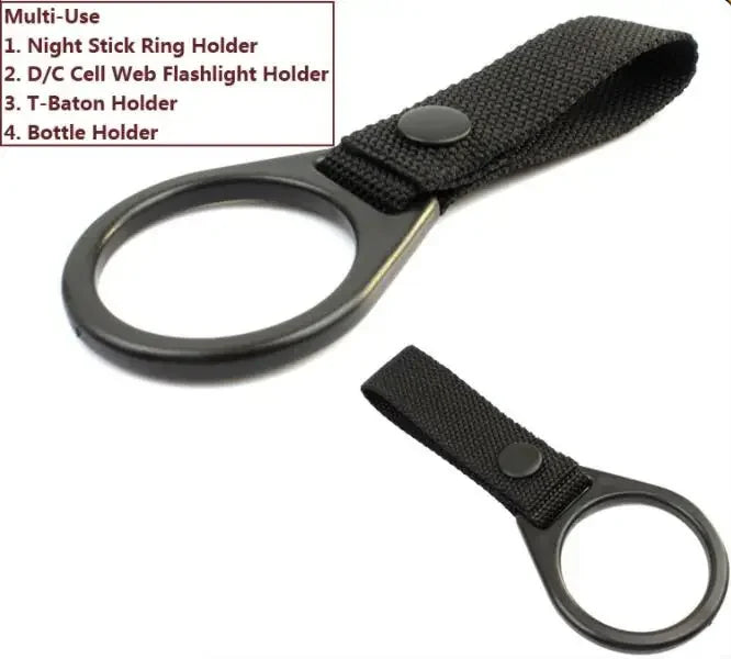 Black tactical flashlight holder pouch with molle attachment clip for backpacks and belts