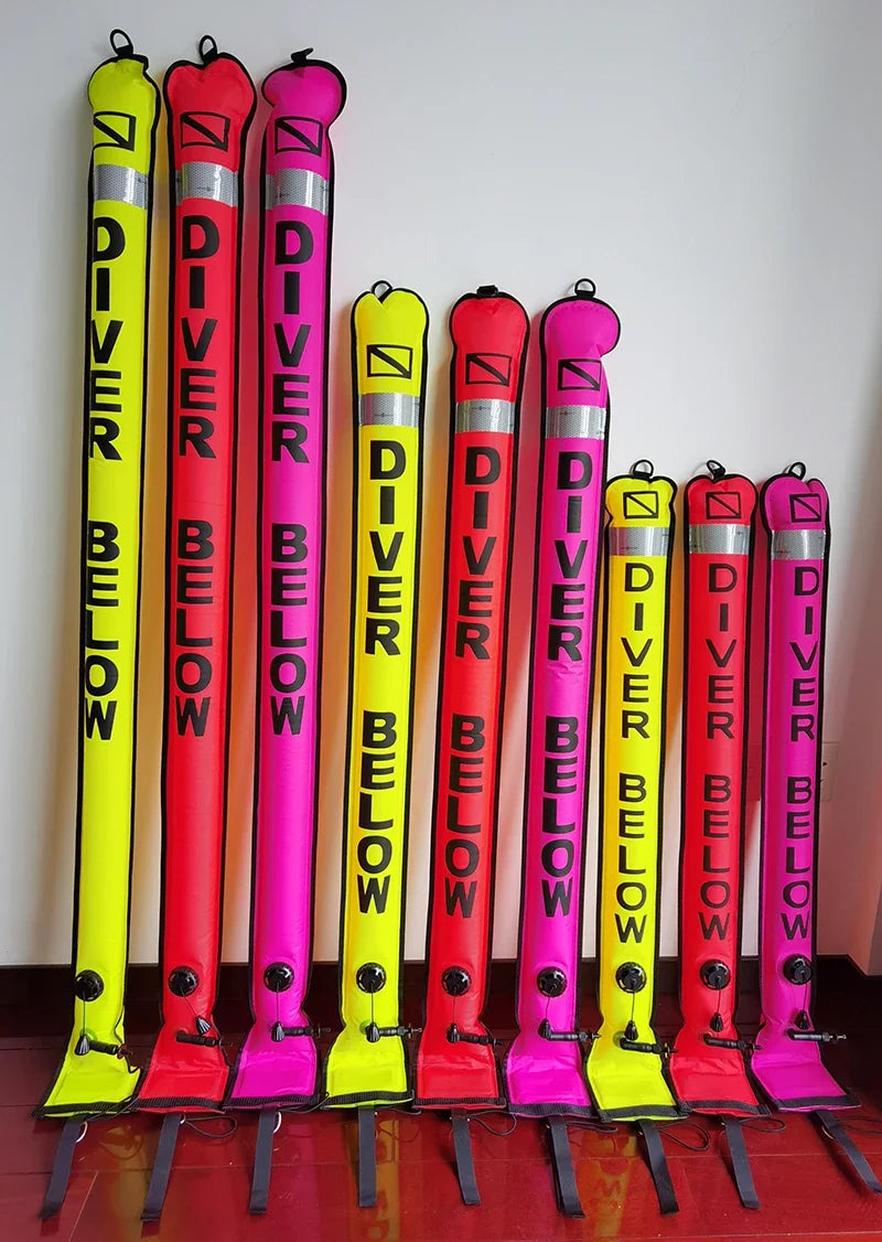 Colorful inflatable Diving SMB buoy in orange and fluorescent yellow for scuba diving safety and visibility, available in 1.2m, 1.5m, and 1.8m sizes.