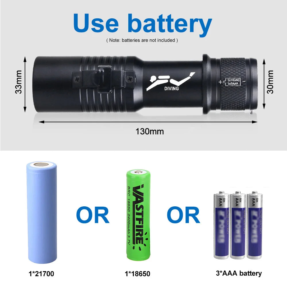 Professional LED Diving Flashlight Underwater Torch Strong Light Waterproof Scuba Dive Flashlight With Hand Rope