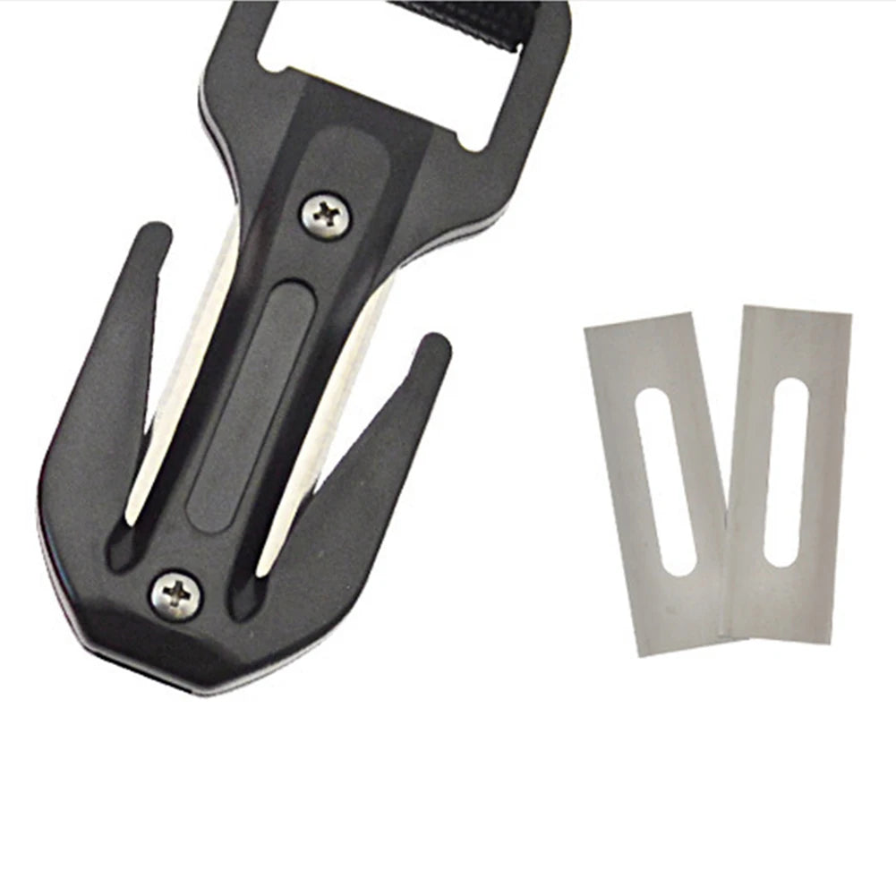 Scuba diving cutting knife with nylon handle and stainless steel blade for underwater safety and emergency use