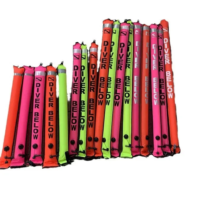 Colorful inflatable Diving SMB buoy in orange, fluorescent yellow, and phosphor for scuba diving safety and visibility, available in 1.2m, 1.5m, and 1.8m sizes.