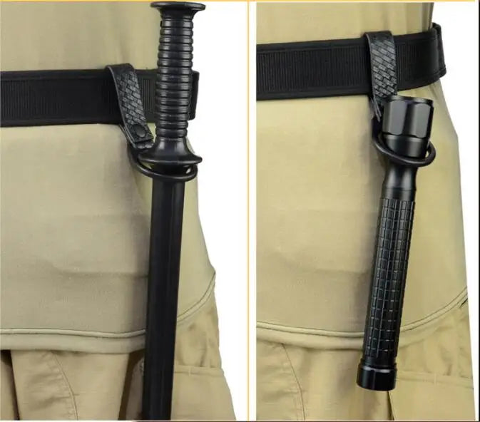 Black tactical flashlight holder pouch with MOLLE attachment and belt loop clip for outdoor camping and hunting gear