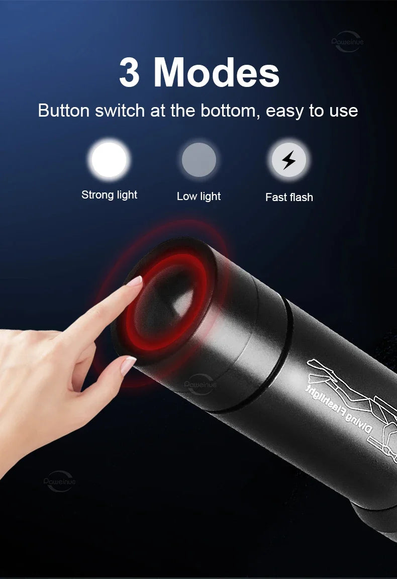 High Power Mini Diving Flashlight 100M Professional Scuba Dive Torch IPX8 Rechargeable Portable Lantern for Spearfishing Camping